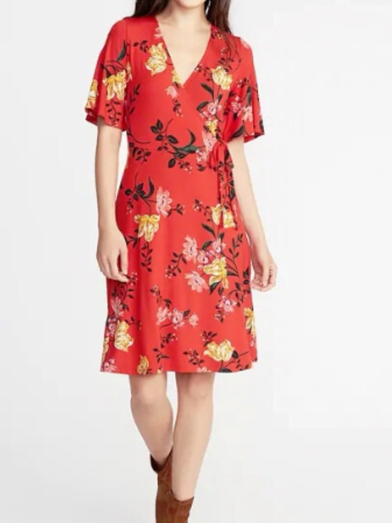Old Navy Dresses & Skirts - Old Navy Faux-wrap Floral Dress in Red - Elegant V-Neck Midi